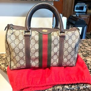 Gucci Boston bag Beige Monogram Bag with Red and Green Stripe